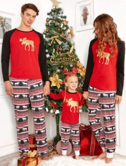 Matching Family Christmas Pajamas Father Red Printed Top And Pants 2 Piece Set For Men