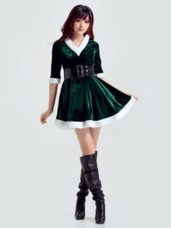Christmas Sexy Costume Green Velour Mini Dress With Sash For Women Christmas Gift -Christmas Costumes Store 201711271323307658661