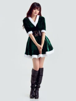 Christmas Sexy Costume Green Velour Mini Dress With Sash For Women Christmas Gift -Christmas Costumes Store 201711271323314145230