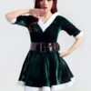 Christmas Sexy Costume Green Velour Mini Dress With Sash For Women Christmas Gift