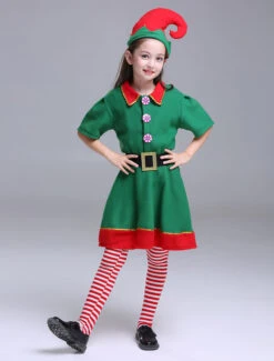Kids Christmas Elf Costumes Little Girls Half Sleeve Dresses Set 3 Piece Halloween