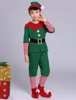 Christmas Elf Costume Kids Top Pants Green Outfit 5 Piece For Boys Halloween