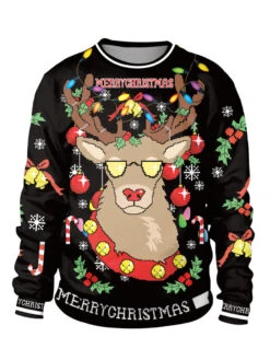 Ugly Christmas Sweater Print Christmas Pattern Crewneck Long Sleeve Top