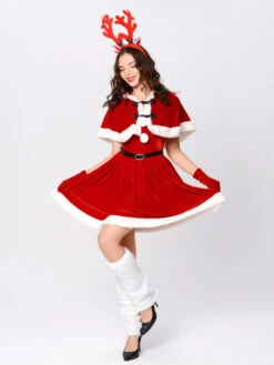 Women Christmas Set Red Furry Skater Dress Christmas Holidays Costumes