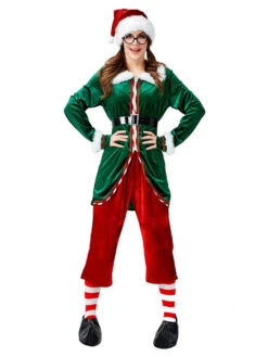 Women's Christmas Elf Costumes Green Retro Asymmetrical Sash Hat Polyester Two-Tone Set Holidays Costumes Halloween Dress -Christmas Costumes Store 202010271815243589904
