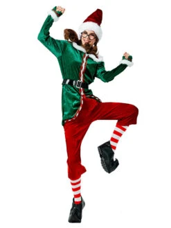 Women's Christmas Elf Costumes Green Retro Asymmetrical Sash Hat Polyester Two-Tone Set Holidays Costumes Halloween Dress
