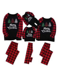 Family Christmas Pajamas Cotton Blend Black Plaid Christmas Pattern Top Pants Set