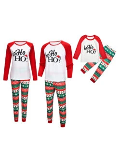 Family Christmas Pajamas Cotton Blend Christmas Pattern Red White Color Block Top Pants Set