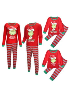 Christmas Matching Family Pajamas Cotton Blend Red Stripes Christmas Pattern Top Pants Set -Christmas Costumes Store 202011101305146755059