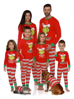 Christmas Matching Family Pajamas Cotton Blend Red Stripes Christmas Pattern Top Pants Set