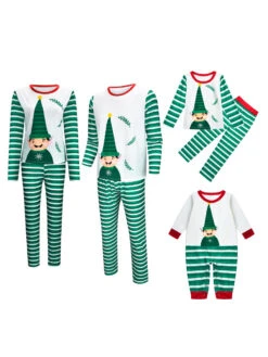 Matching Family Christmas Pajamas Cotton Blend Christmas Pattern Green White Color Block Pants Top Set
