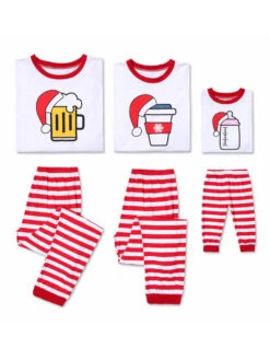 Family Christmas Pajamas Cotton Blend Printed Red White  Color Block Pants Top Set