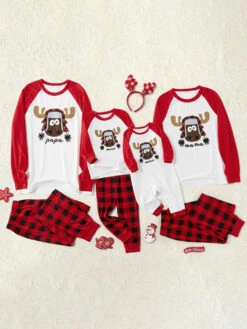 Family Christmas Pajamas Cotton Blend Christmas Pattern Color Block Red Plaid Pants Top Set