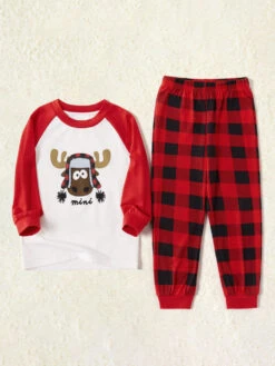 Family Christmas Pajamas Cotton Blend Christmas Pattern Color Block Red Plaid Pants Top Set -Christmas Costumes Store 202011111140563354025