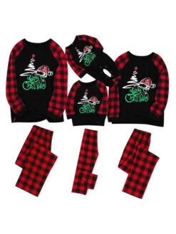 Matching Family Christmas Pajamas Cotton Blend Christmas Pattern Red Black Color Block Plaid Pants Top Set