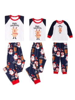 Family Christmas Pajamas Cotton Blend Christmas Elk Pattern White Navy Blue Color Block Pants Top Set