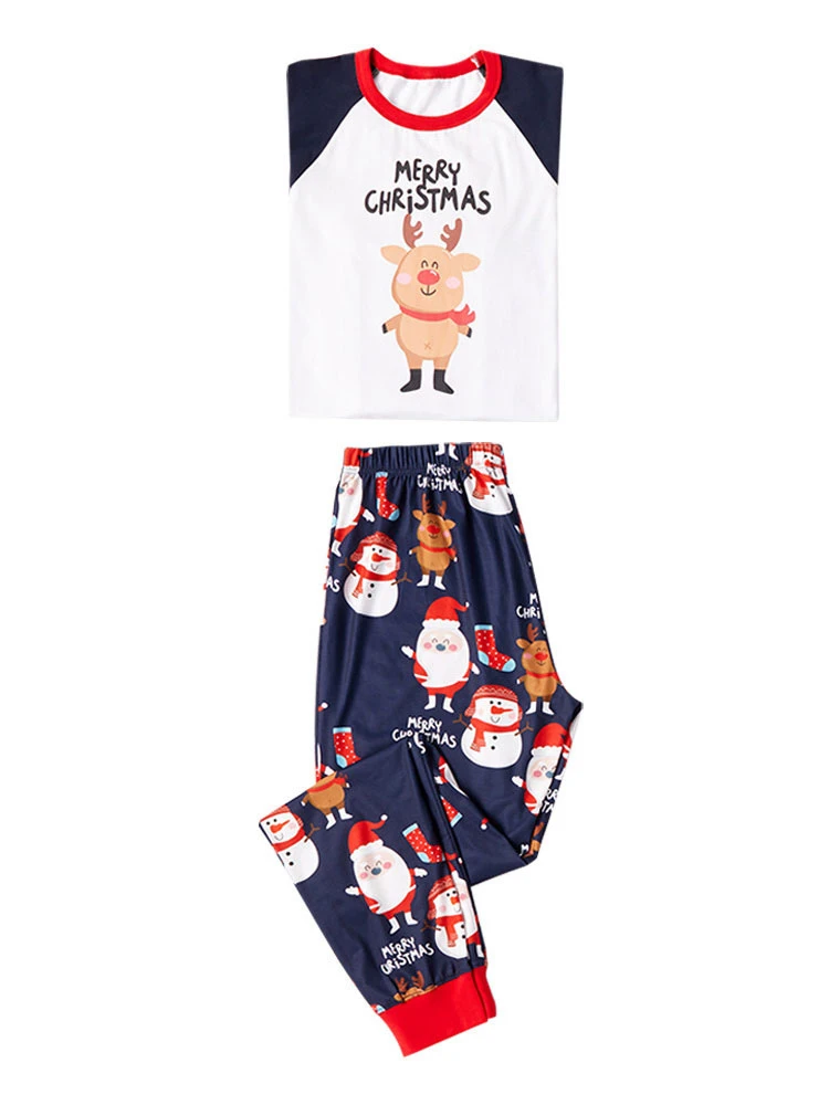 Family Christmas Pajamas Cotton Blend Christmas Elk Pattern White Navy Blue Color Block Pants Top Set 2 Family Christmas Pajamas Cotton Blend Christmas Elk Pattern White Navy Blue Color Block Pants Top Set - Image 2