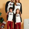 Matching Family Christmas Pajamas Cotton Blend Color Block White BlackPlaid Top Pants Set
