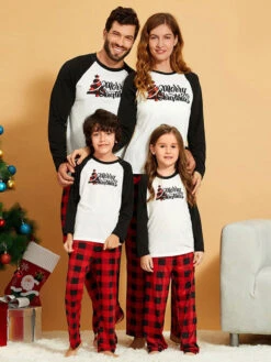 Matching Family Christmas Pajamas Cotton Blend Color Block White BlackPlaid Top Pants Set