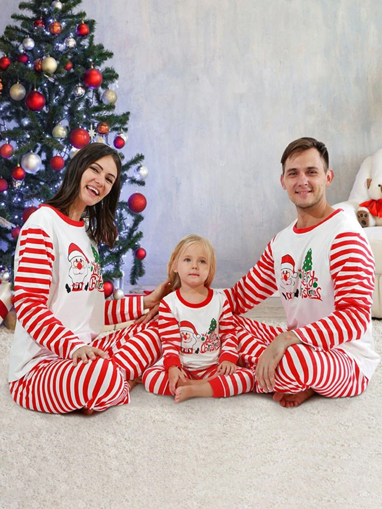 Matching Family Christmas Pajamas Red Cotton Blend Color Block Stripes Top Pants Set 3 Matching Family Christmas Pajamas Red Cotton Blend Color Block Stripes Top Pants Set - Image 3