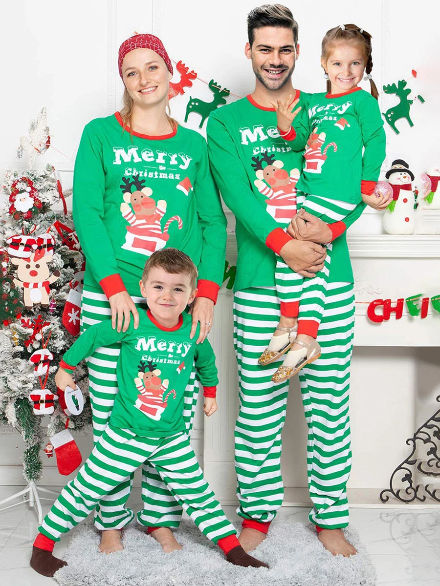 Family Christmas Pajamas Green Cotton Blend Color Block Stripes Top Pants Set 1 Family Christmas Pajamas Green Cotton Blend Color Block Stripes Top Pants Set