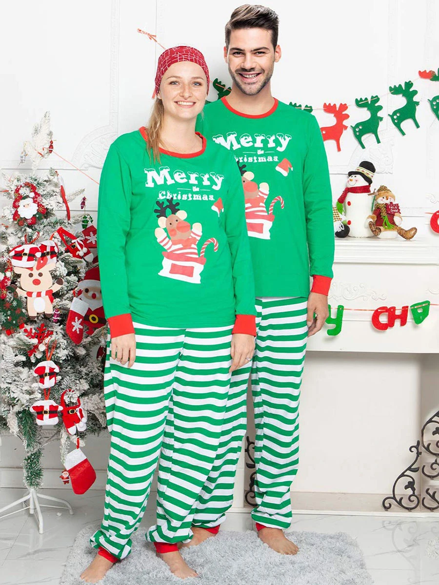 Family Christmas Pajamas Green Cotton Blend Color Block Stripes Top Pants Set 2 Family Christmas Pajamas Green Cotton Blend Color Block Stripes Top Pants Set - Image 2