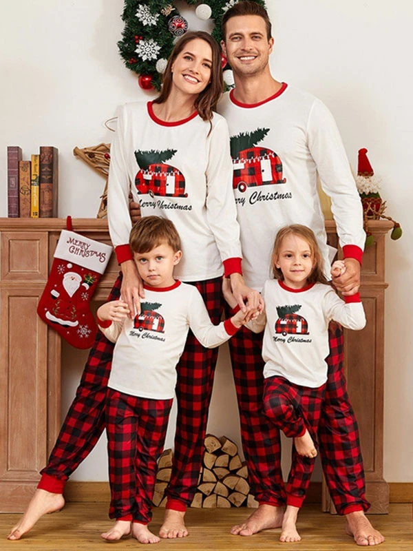 Matching Family Christmas Pajamas Red Cotton Blend Color Block Plaid Top Pants Set 1 Matching Family Christmas Pajamas Red Cotton Blend Color Block Plaid Top Pants Set