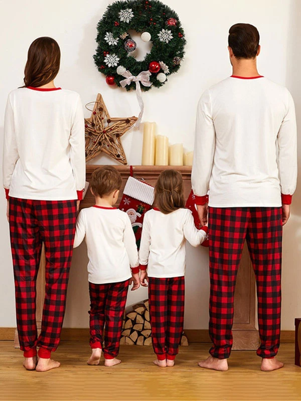 Matching Family Christmas Pajamas Red Cotton Blend Color Block Plaid Top Pants Set 2 Matching Family Christmas Pajamas Red Cotton Blend Color Block Plaid Top Pants Set - Image 2