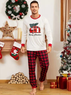Matching Family Christmas Pajamas Red Cotton Blend Color Block Plaid Top Pants Set 12 Matching Family Christmas Pajamas Red Cotton Blend Color Block Plaid Top Pants Set -Christmas Costumes Store 202011111145208158188