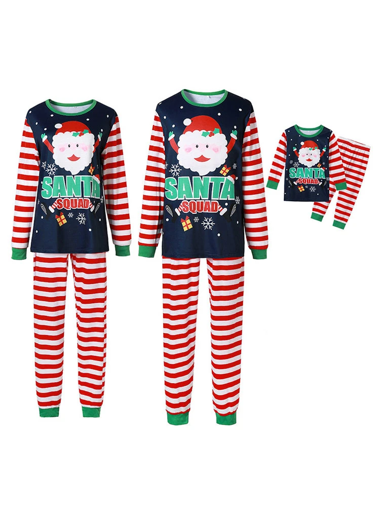 Matching Family Christmas Pajamas Navy Blue Cotton Blend Color Block Stripes Top Pants Set 2 Matching Family Christmas Pajamas Navy Blue Cotton Blend Color Block Stripes Top Pants Set - Image 2