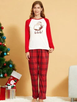 Christmas Matching Family Pajamas Cotton Blend Color Block Red Satan Plaid Top Pants Set -Christmas Costumes Store 202011111145442815121