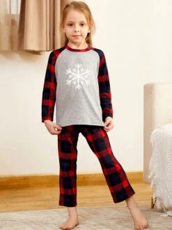 Family Christmas Pajamas Cotton Blend Christmas Pattern Red Black Plaid Color Block Pants Top Set -Christmas Costumes Store 202011111146237521297