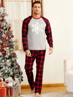 Family Christmas Pajamas Cotton Blend Christmas Pattern Red Black Plaid Color Block Pants Top Set -Christmas Costumes Store 202011111146240633333