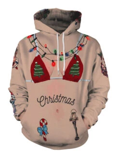 Deep Apricot Hoodie Christmas Tops Polyester Fiber Christmas Pattern Causal Holidays Costumes