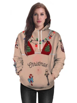 Deep Apricot Hoodie Christmas Tops Polyester Fiber Christmas Pattern Causal Holidays Costumes -Christmas Costumes Store 202011111146262143303