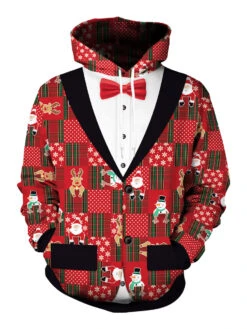 Couples Mounted Hoodie Christmas Top Red Polyester Fiber Pattern Christmas Holidays Costumes