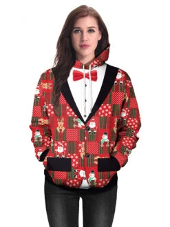 Couples Mounted Hoodie Christmas Top Red Polyester Fiber Pattern Christmas Holidays Costumes -Christmas Costumes Store 202011111146333341189