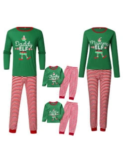 Matching Family Christmas Pajamas Cotton Blend Christmas Pattern Green Stripes Color Block Pants Top Set