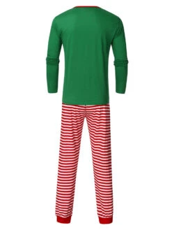 Matching Family Christmas Pajamas Cotton Blend Christmas Pattern Green Stripes Color Block Pants Top Set -Christmas Costumes Store 202011111146344744480