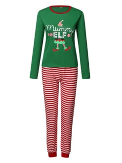 Matching Family Christmas Pajamas Cotton Blend Christmas Pattern Green Stripes Color Block Pants Top Set -Christmas Costumes Store 202011111146351343193