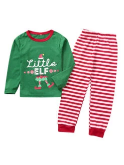 Matching Family Christmas Pajamas Cotton Blend Christmas Pattern Green Stripes Color Block Pants Top Set -Christmas Costumes Store 202011111146354826043