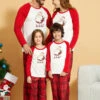 Christmas Matching Family Pajamas Cotton Blend Color Block Red Satan Plaid Top Pants Set