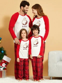 Christmas Matching Family Pajamas Cotton Blend Color Block Red Satan Plaid Top Pants Set