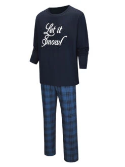 Christmas Matching Family Pajamas Navy Blue Cotton Blend Color Block Christmas Pattern Top Plaid Pants Set -Christmas Costumes Store 202011111659192292642