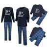 Christmas Matching Family Pajamas Navy Blue Cotton Blend Color Block Christmas Pattern Top Plaid Pants Set