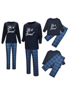 Christmas Matching Family Pajamas Navy Blue Cotton Blend Color Block Christmas Pattern Top Plaid Pants Set