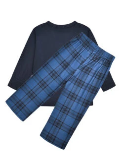 Christmas Matching Family Pajamas Navy Blue Cotton Blend Color Block Christmas Pattern Top Plaid Pants Set -Christmas Costumes Store 202011111659220753801