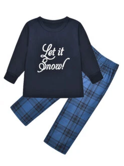 Christmas Matching Family Pajamas Navy Blue Cotton Blend Color Block Christmas Pattern Top Plaid Pants Set -Christmas Costumes Store 202011111659233502145