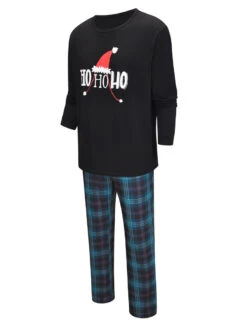 Matching Family Christmas Pajamas Black Cotton Blend Christmas Pattern Color Block Top Plaid Pants Set -Christmas Costumes Store 202011111659237158350