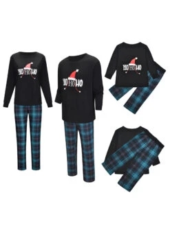 Matching Family Christmas Pajamas Black Cotton Blend Christmas Pattern Color Block Top Plaid Pants Set